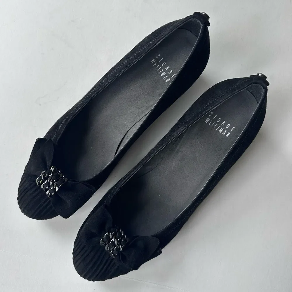 NWOB Stuart Weitzman ‘Pleats’ Chain Bow Wedges in Black Suede Size 8 - Picture 8 of 10